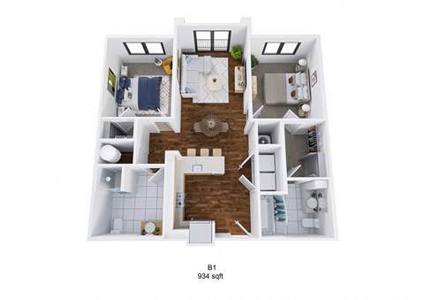 Floor plan for 2 beds, 2 baths, 934 sqft